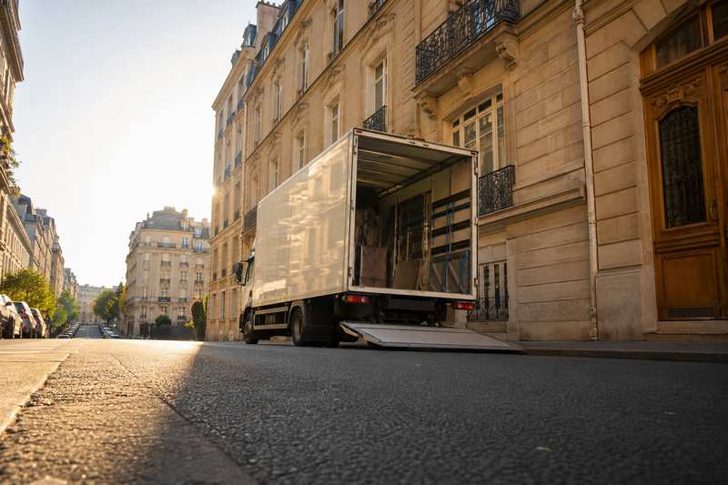 Camion de déménagement hayon abaissé dans une rue en pente de Paris 18e